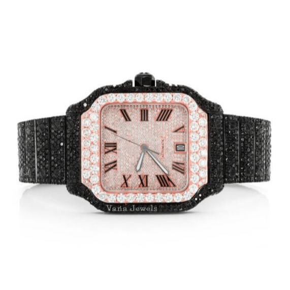 Two-Tone Rose Gold Black & White Moissanite Diamond Watch - Vana Jewels